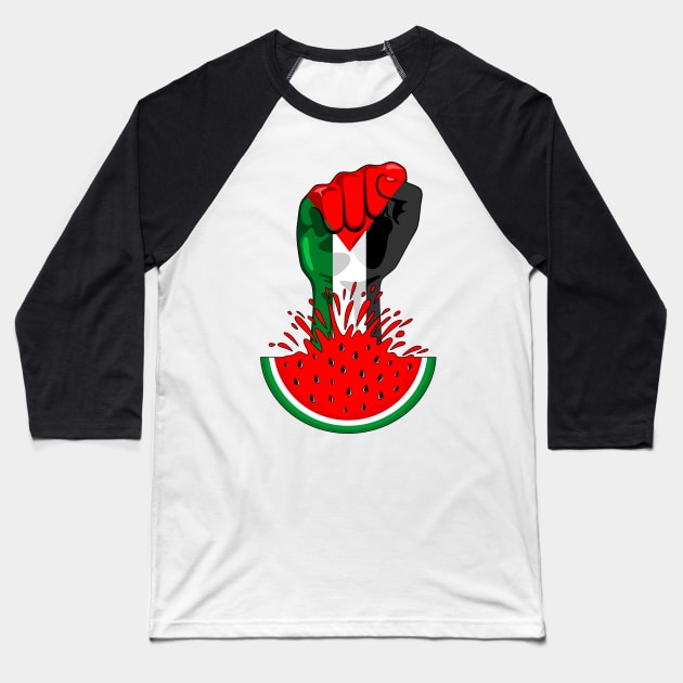 Palestine Flag on Revolution Fist Symbol of freedom coming out from a Watermelon Baseball T-Shirt by BluedarkArt